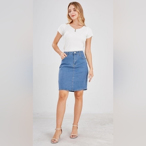 ChouYatou Dresses & Skirts - ChouYatou Basic Five-Pocket Rugged Wear Denim Pencil Skirt with Slit